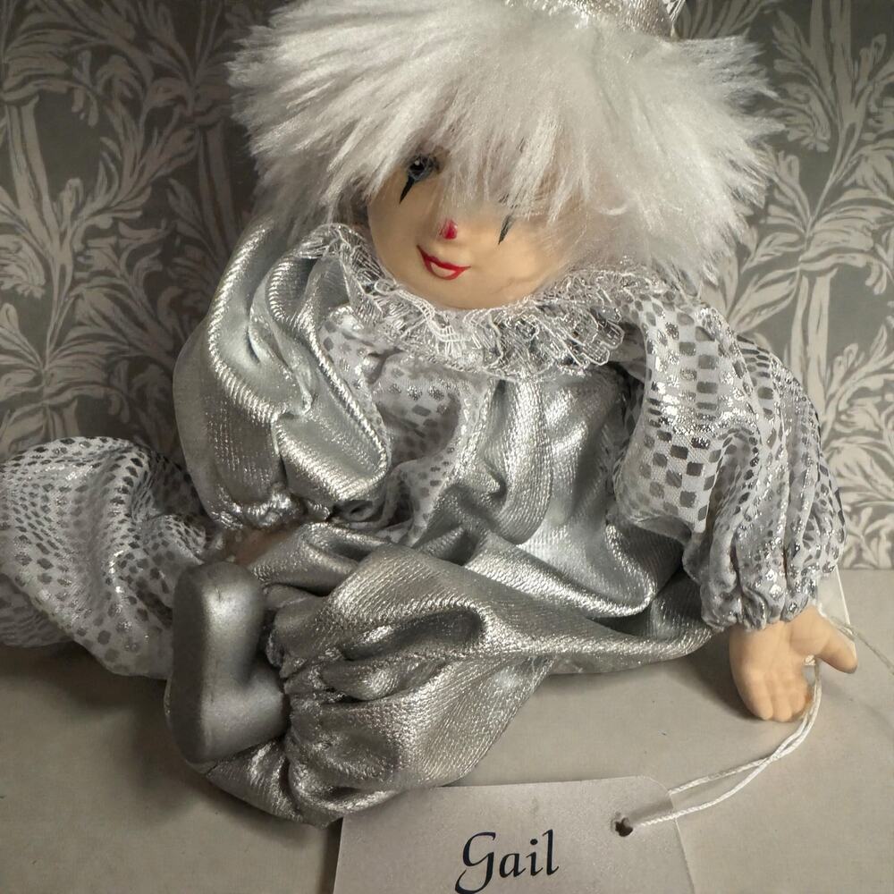 Vintage Classic Treasures “Gail” Porcelain Clown Doll 8” Silver Metallic Jester